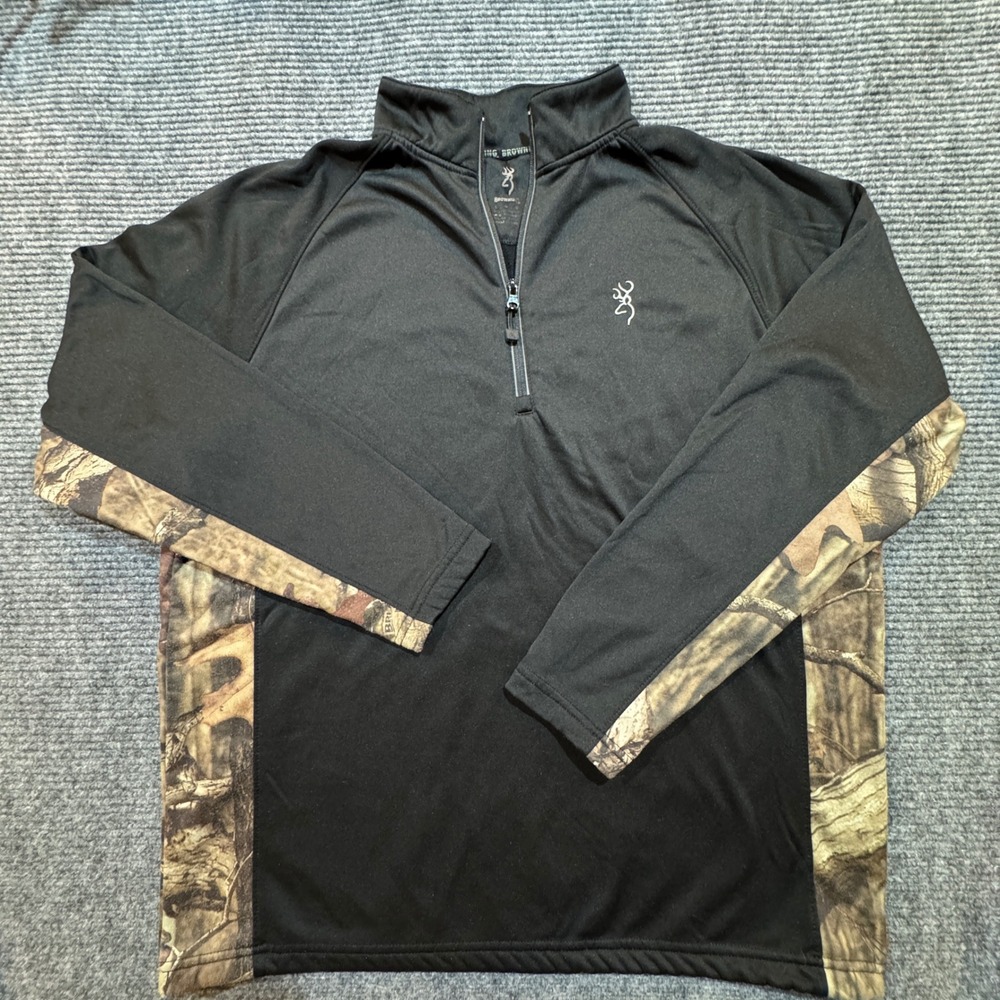 Browning 1/4 Zip Pullover Men's Large Black w/ Camo Boxy Performance Thumb Holes